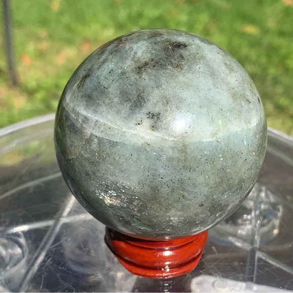 58.5MM 2.2” Madagascar Rainbow Labradorite Stone Sphere Crystal Ball Wood Stand - Picture 13 of 14